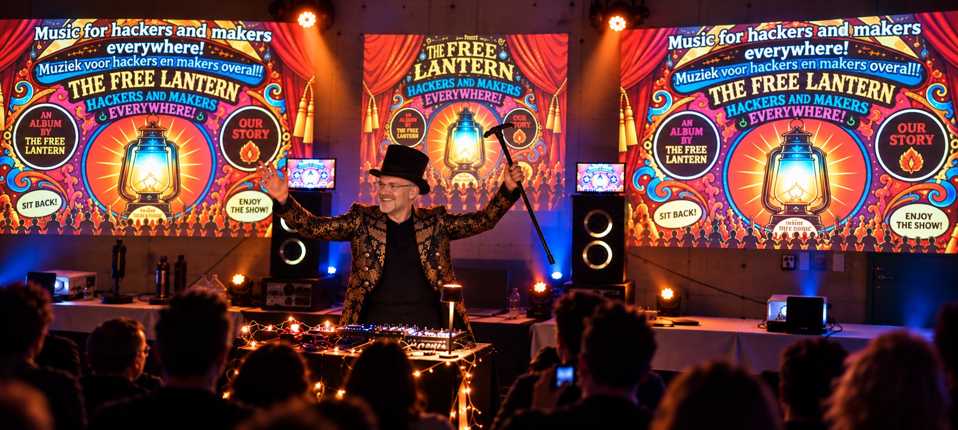 Jasper Nuyens in a top hat, arms raised and a cane in one hand, on stage at Fri3d Camp. Three projected screens with The Free Lantern artwork fill the wall behind him, with JBL speakers, lantern lights and a silhouetted audience around him.